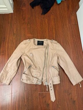 AllSaints Blush Pink Leather Moto Jacket, Size 0